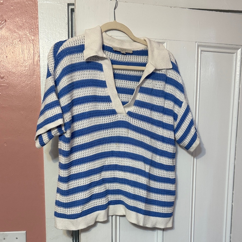 LOFT Blue and White Striped Open-Knit Sweater Top